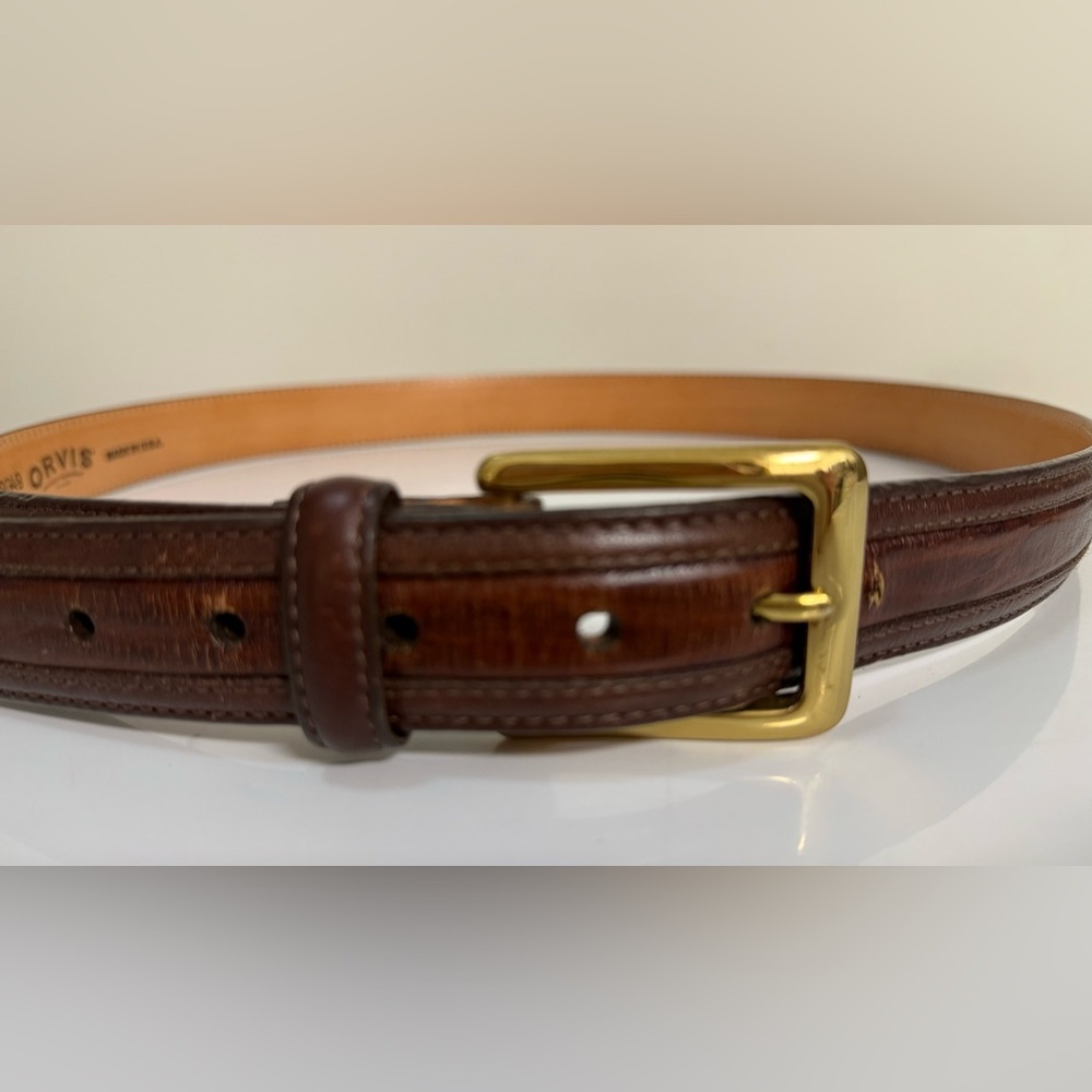 Men’s Orvis USA high quality belt dark brown leather solid brass buckle size 42